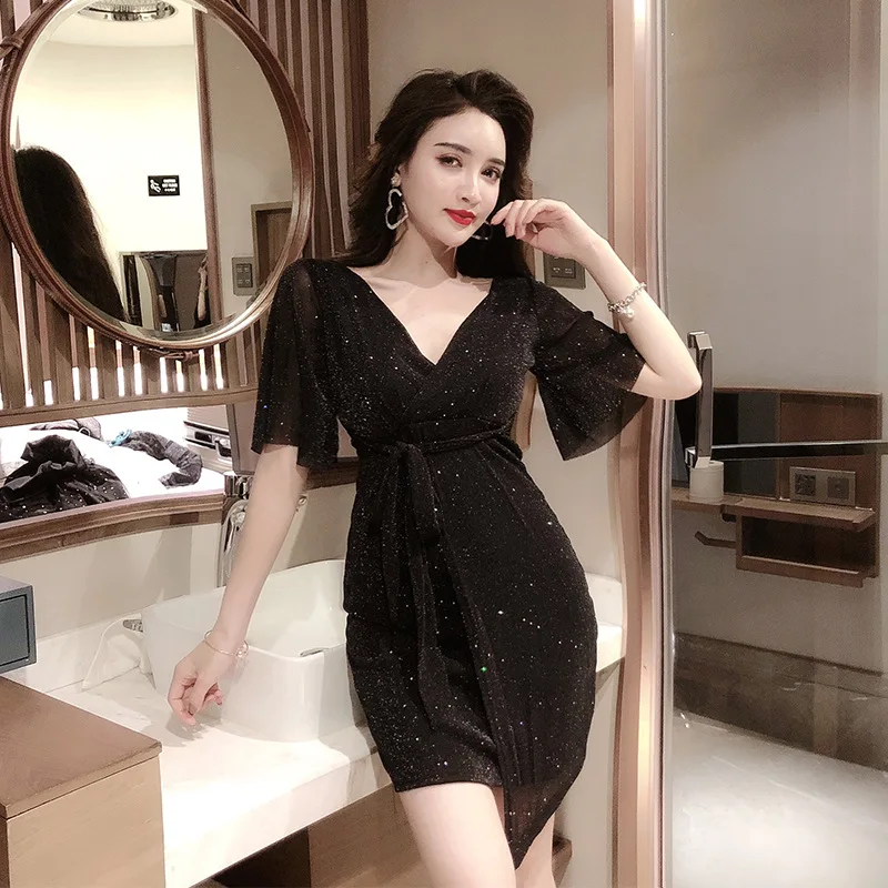 

2019 New Style Low-Cut Female Anchor Clothing Deep-V-Flounced Dress 1042gt550t