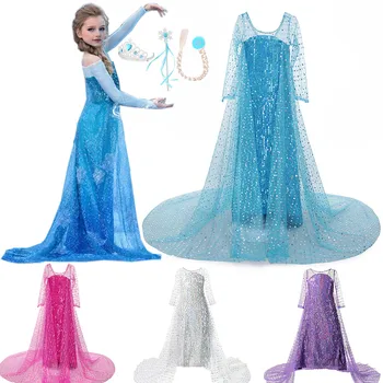 

Shimmering Sequins Covered Elsa Costume for Girls Snow Queen Elsa 2 Bling Bling Maxi Dress White Elsa Princess Party Filles Robe