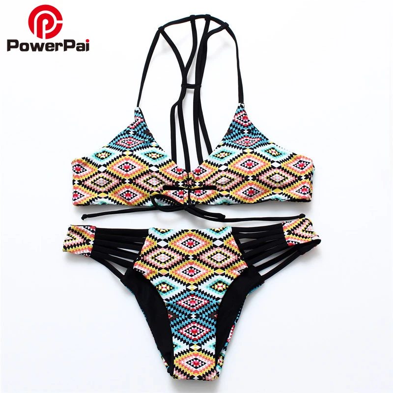 Powerpai String Bikinis Plaid Print Bikini Set Swimwear For Women