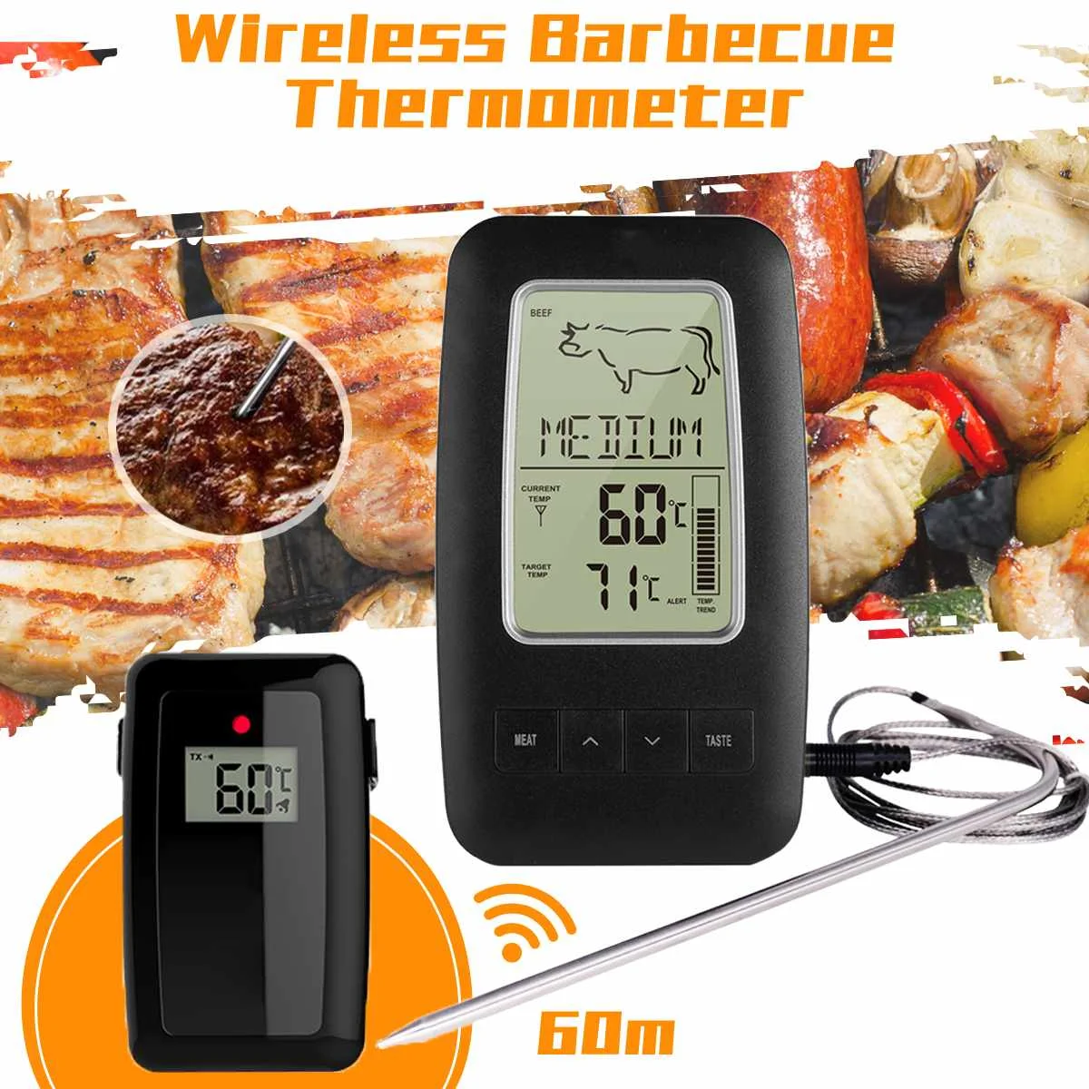 

Kitchen Oven Food Cooking Grill Smoker Meat Thermometer with Probe and Timer Temperature Alarm Digital Wireless BBQ Thermometer