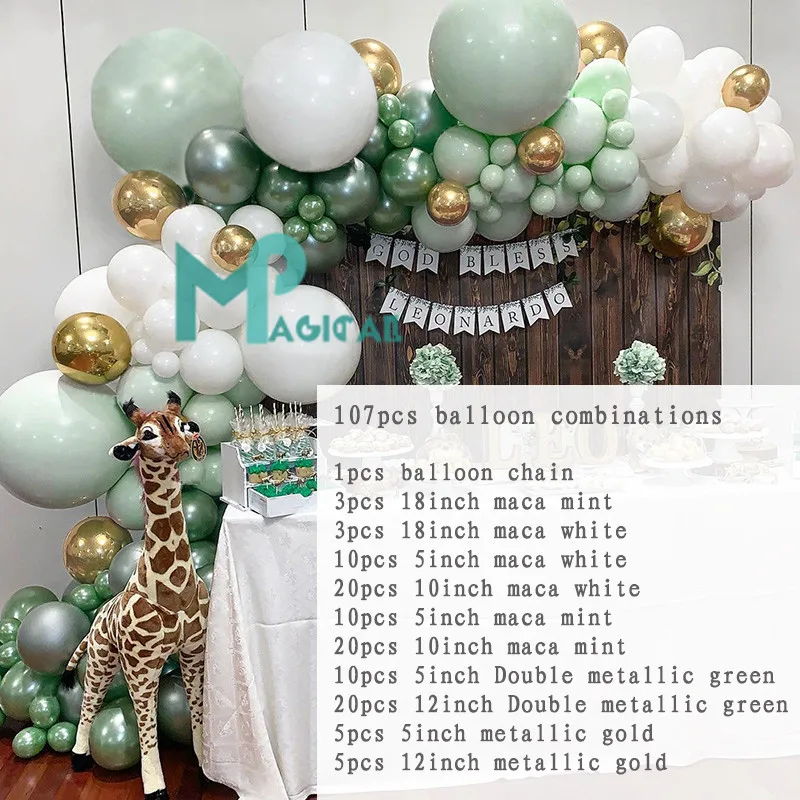 107pcs Jungle Party Balloons Garland Macaron Mint White Metal Gold Green Balloon Arch Kit For Birthday Party Wedding Decorations