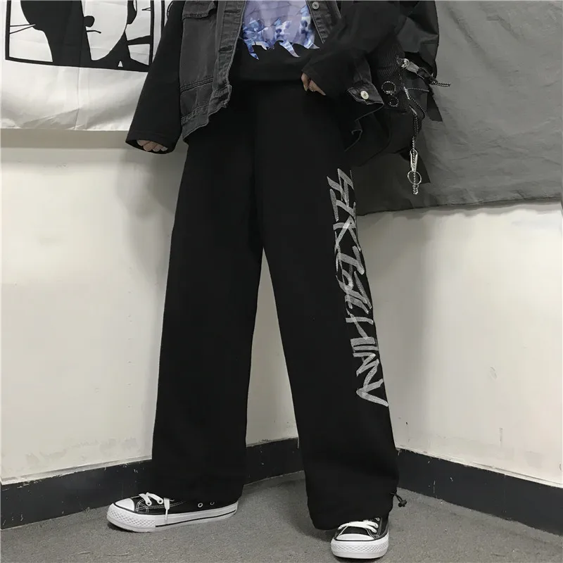 LMCAVASUN Harajuku плюс бархатные спортивные штаны с принтом, эластичные с высокой талией, широкие длинные штаны, Свободные повседневные зимние женские брюки