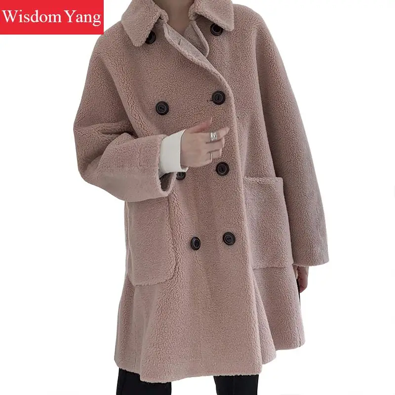 Winter Warm Real Sheep Wool Fleece Sheep Coats Double Breasted Woolen Women Oversize Pink Overcoat Ladies Korean Coat Outerwear