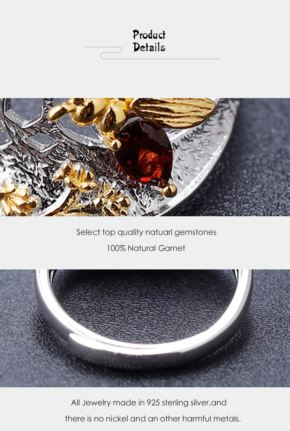GEM'S BALLET Secret Garden пчелиный мед коллекция кольцо 925 пробы серебро 0.28Ct натуральный гранатовый камень кольцо для женщин ювелирные изделия