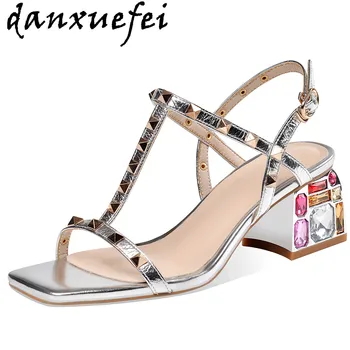 

Women's genuine leather narrow band t-strap thick heel sandals open toe rivet fashion summer pumps elegant ladies med heel shoes