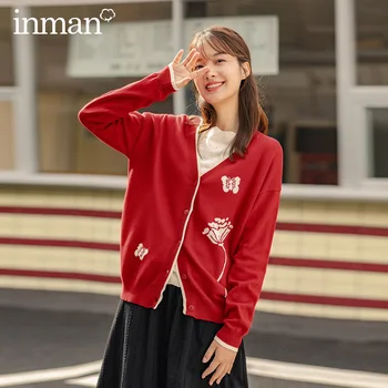 

INMAN 2020 Autumn Winter New Arrival Fashion Plant Butterfly Jacquard Drop Shoulder Long Sleeve Knit Cardigan