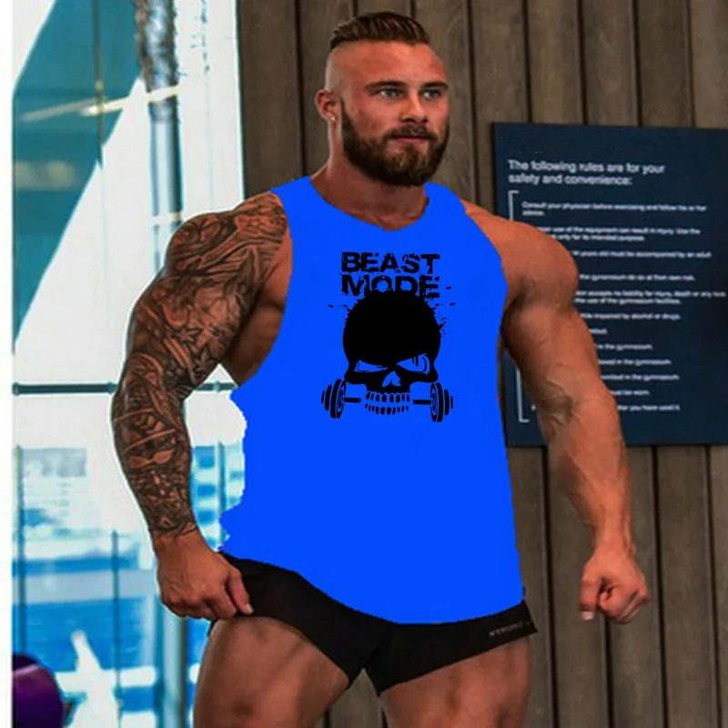 

New summer men's sleeveless vest gym training running vest bodybuilding men's high quality cotton skull printing breathable vest