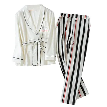 

Elegant Women's pajama sets cotton top white with striped bottoms high quality brief sweet pyjamas for ladies
