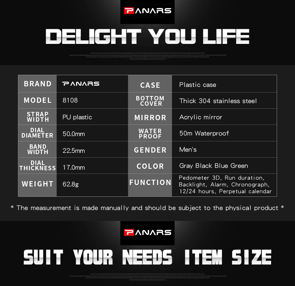 PANARS Mens Digital Watches Men's Sport Watch Dual Time Pedometer Alarm Clock 50M Waterproof Military Multifunction Reloj Hombre