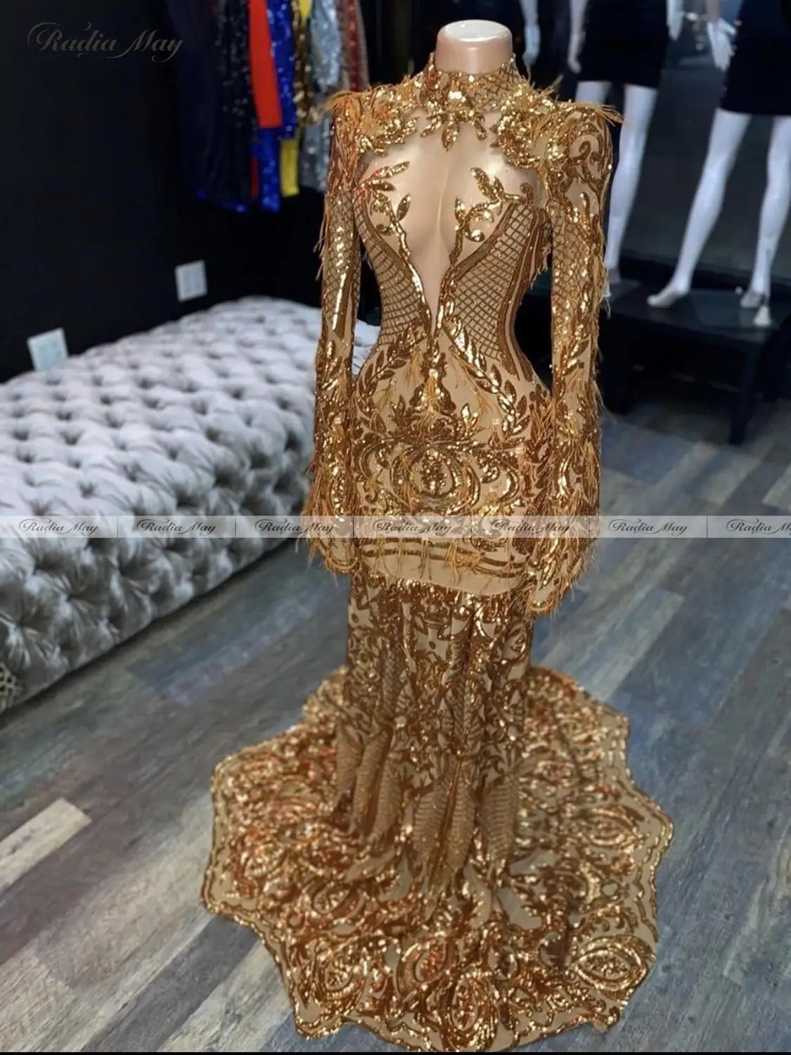 gold feather dress