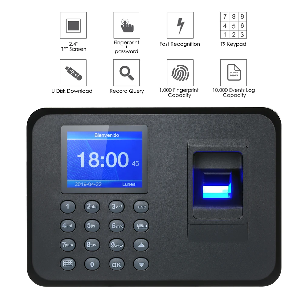 

Biometric Fingerprint Attendance Machine 2.4" TFT LCD Display USB Fingerprint Attendance System Employee Checking-in Recorder