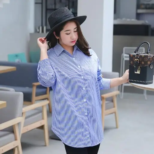Синий Blusas mujer de moda женские блузки летние большие белые полосатые блузки с отложным воротником OL тонкие блузы рубашки M962 - Цвет: Синий