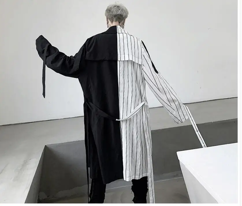 M-XL! Весна qiu загружен Темно-Черный Индивидуальный черно-белый полосатый контрастный цвет Мужская Средняя длина свободная ветровка