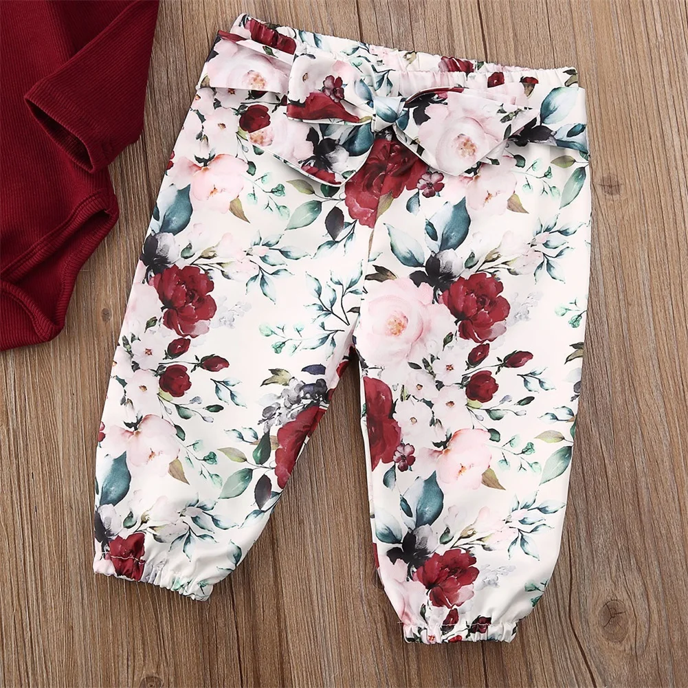 Модный комплект одежды для новорожденных, одежда с цветочным рисунком для маленьких девочек Однотонная футболка комбинезон, штаны с принтом, спортивный костюм, комплект одежды для детей возрастом от 0 до 18 месяцев