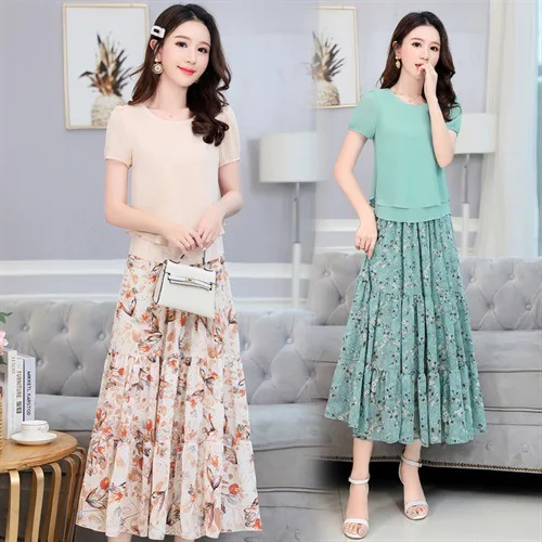 

2019 Summer Wear New Style Korean-style Elegant Slim Fit-Style Floral-Print Chiffon Dress Two-Piece Set