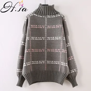 

H.SA Women Turtleneck Sweater and Pullovers Plaid Sweater Jumpers Black Thick Knit Pullovers Soft Warm Knit Pull Chic Tops