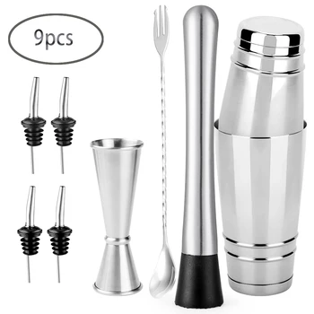 

9pcs Stainless Steel Bar Bartender Shaker Spoon Pourer Tools Set Cocktail Shaker Mixer Kit