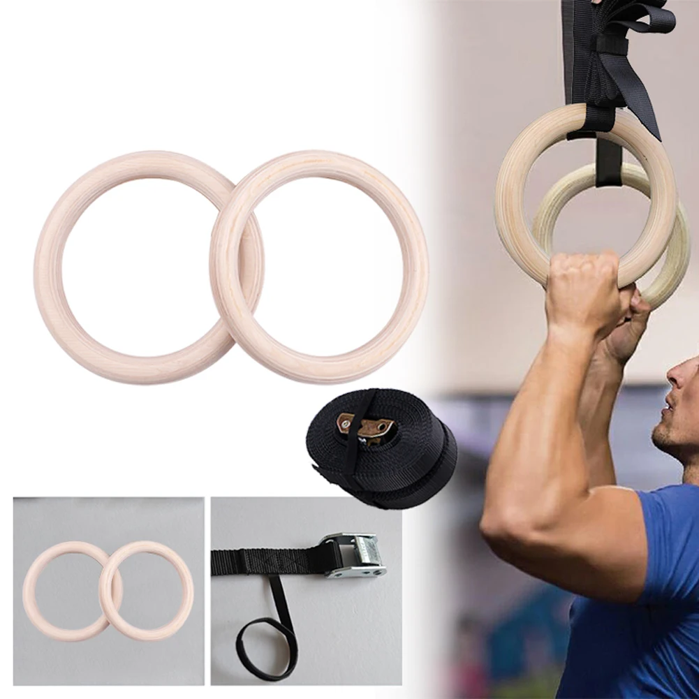 Wood Hanging Pull Ups Gymnastics Rings Set Buckle Straps Exercise Gym Fitness Muscle Body Building Adjustable Indoor Home