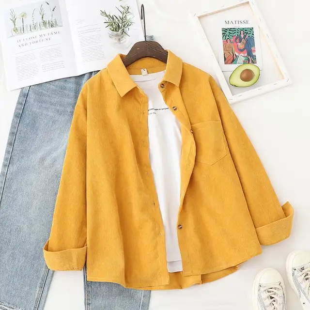 woman shirts 2021 Spring New Retro Corduroy Shirt Women's Coat Hong Kong Style Ins Loose Corduroy Long Sleeves Outer Match Yellow
