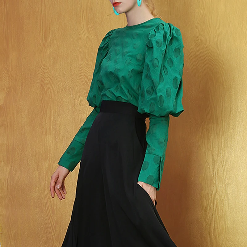 [LIVIVIO] Женская блузка в горошек с длинными рукавами и круглым вырезом, рубашки женские, осень, корейская модная одежда, Новые Топы из органической кожи