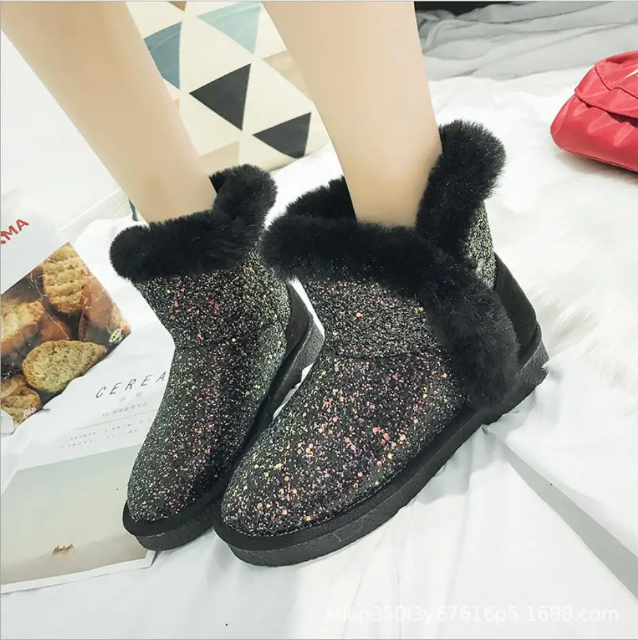 black D-270, женские зимние ботинки с блестками, Зимние ботильоны из искусственного меха, сохраняющие тепло, бархатные, на плоской подошве, без застежки, модная обувь на платформе, zapatos mujer - Цвет: black