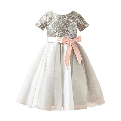 Серебряный Тюль-блеск, рождественское платье для девочек на свадьбу, вечернее платье принцессы, праздничное платье-пачка, нарядная одежда для девочек