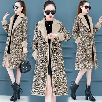 

Women's winter Pu Fur coat Fashion leopard print lapel double-breasted Add velvet to Thicken Medium length plus-size jacket