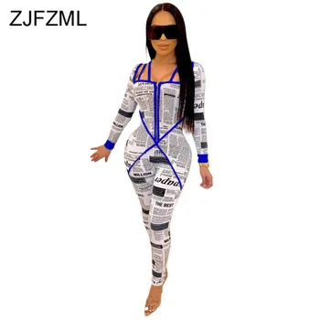

Newspaper Letter Print Sexy Fitness Romper Women Long Sleeve Front Zipper Club Jumpsuit Streetwear Ladies Striped Splice Overall