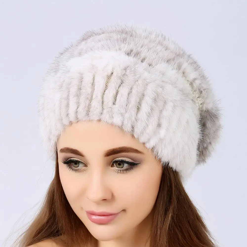 New Fashion Style Mink Fur Kinnted Cap Animal Fur Hats ladies Winter Hat With Fur Garpe Woman Stylish Hats