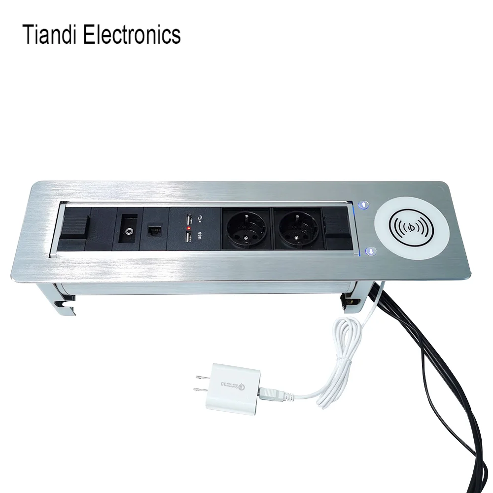 

Euro Standard Electric Rotary Right Angle Tabletop Socket With USB Charging 3.5 Audio RJ45 Network Interface+flip Control Button