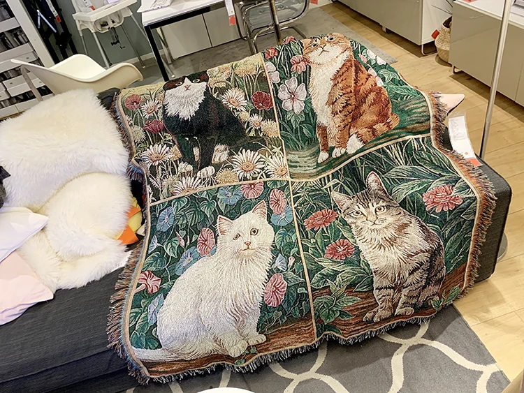 Cotton Cat Blankets Tapestry Sofa Deorative Cover Animal Carpet Bedroom Living Room Fabric Cute Cat Blankets Knitted Crafts