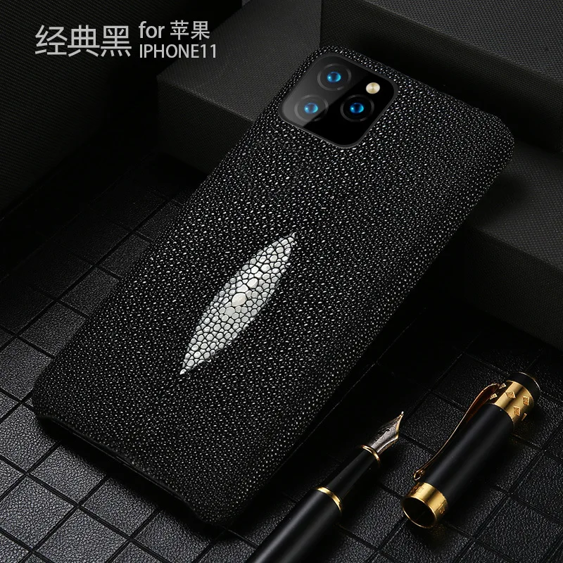 Black Чехол из натуральной кожи ската для Iphone 11 Pro Max, кожаный чехол ручной работы, роскошная задняя крышка для Iphone Xs Max Xr X 11 8 7 6 6S Plus - Цвет: Black