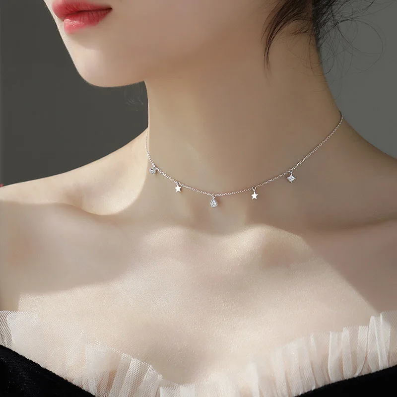 Elegant Crystal Star Pendants Neckalce 925 Sterling Silver Choker Necklace For Women Wedding Jewelry dz851 | Украшения и