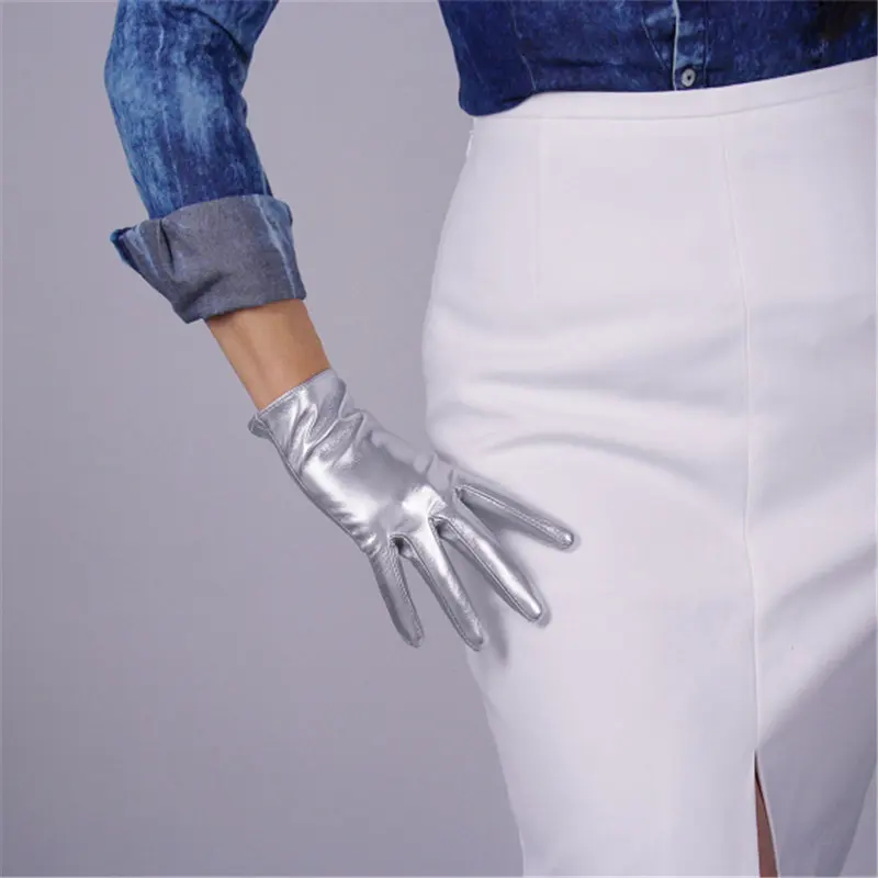 patentleathersilver Короткие перчатки для сенсорного экрана 21 см, эмуляционная кожа, зеркальные, лакированная кожа, матовая кожа, яркие, черные, белые, женские перчатки, PU99-21 - Цвет: patentleathersilver