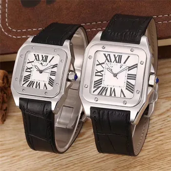 

Top quality fashion women men couple watch Square quartz clock cow leather Business Watches Gifts For Couple