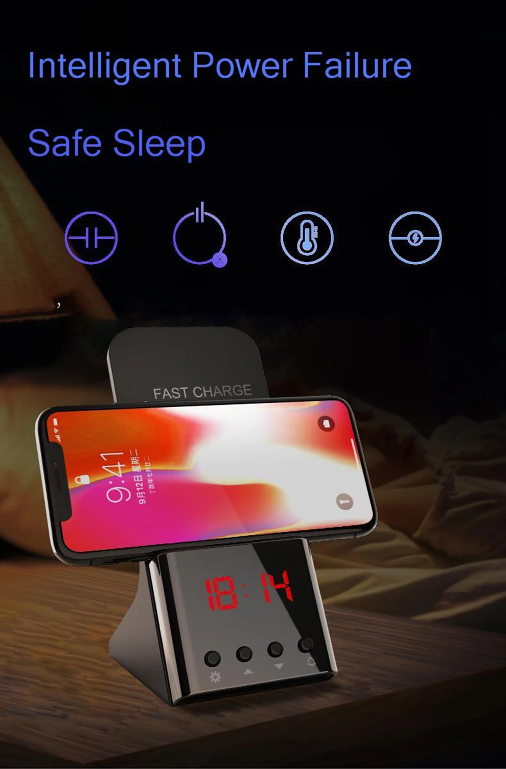 Vogek 10 Вт Быстрое беспроводное зарядное устройство для iPhone 11 XS type-C Qi зарядная подставка с сигнализацией часы Вертикальная Беспроводная зарядная станция