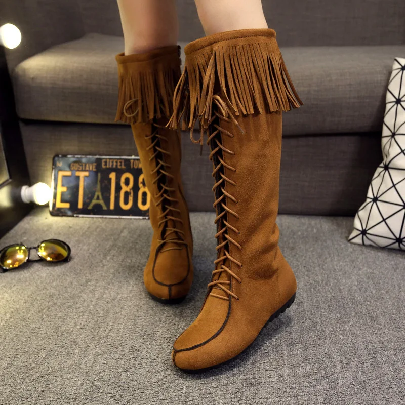 

Solid Low Flat With Fashion Long Boots for Women Zip Casual Over-the-Knee Autumn Winter Boots Round Toe PU Fringe Concise Shoes