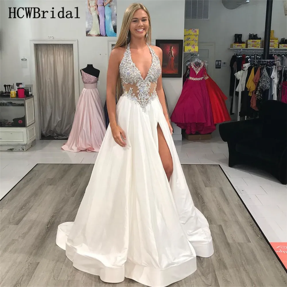 Vestido de festa новое белое вечернее платье без спинки с высоким разрезом полупрозрачное с бусинками Холтер Длинные вечерние платья на заказ