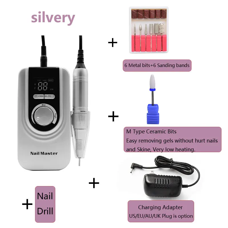 Портативная электрическая дрель для ногтей с ЖК-дисплеем 35000 об/мин, пилочка для ногтей, набор для маникюра, педикюра, оборудование для ногтей - Цвет: Silver