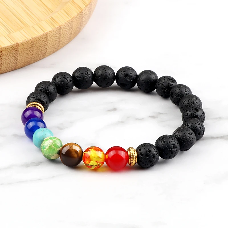 Crystal Chakra Bracelet Set - 7 Stone Beads With Volcanic Lava, 2 Pcs, Elastic - View #2