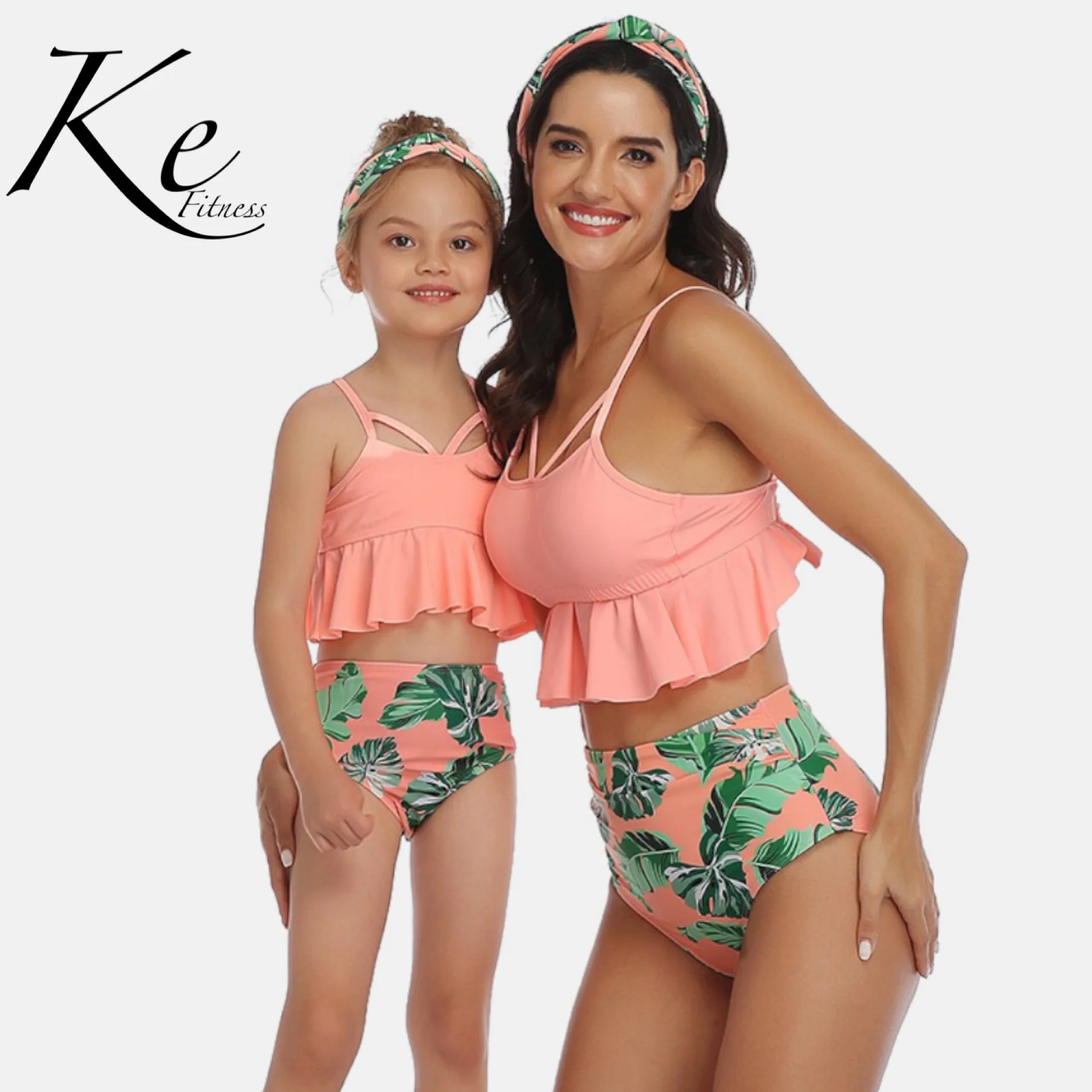 

KE Collection 2020 family mom swimsuit bikini mother little girl daugther swimwear 2 pieces pink high waist mummy mam XL kids