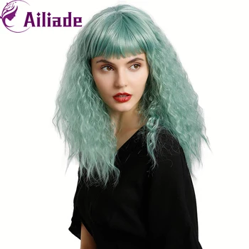 

AILIADE Trendy Synthetic Kinky Curly With Bangs Wigs Mint Green Colors Heat Resistant Fiber For Women Cosplay/Daily/Party