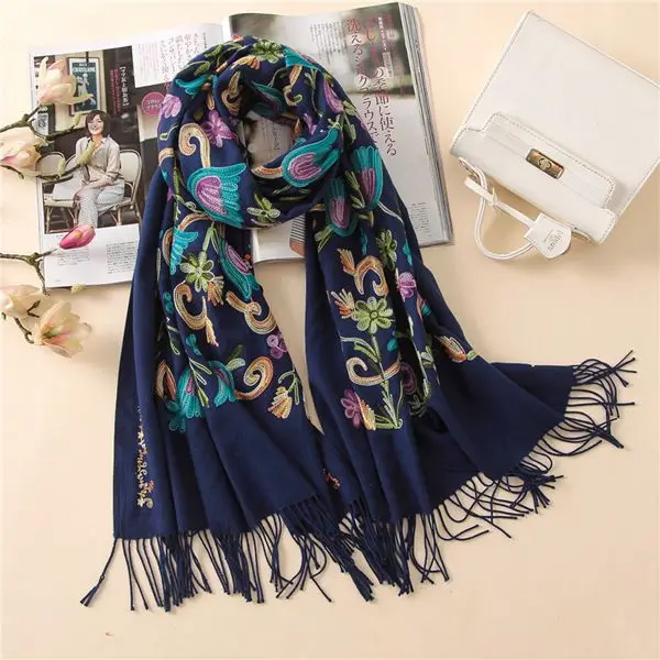 navy blue Дизайнерские качественные кашемировые шарфы с вышивкой винтажный зимний женский шарф длинный размер шали и обертывания женские мягкие теплые платки - Цвет: navy blue