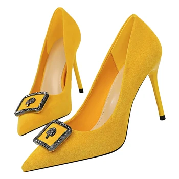 

2020 Women Stripper 9.5cm High Heels Suede Pumps Lady Scarpins Flock Pink Heels Sexy Classic Crystal Office Yellow Bigtree Shoes
