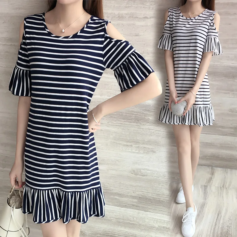 

Spring Summer New Style Korean-style Mid-length Short-sleeve Dress Pullover Crew Neck Stripes Skirt Bell Sleeve Loose And Plus-s