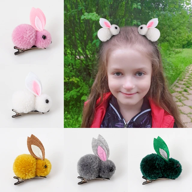 Cute Hair Ball Rabbit Hair Clip Girl Plush Rabbit Ears Hair clip 3D Plush  Rabbit Hair