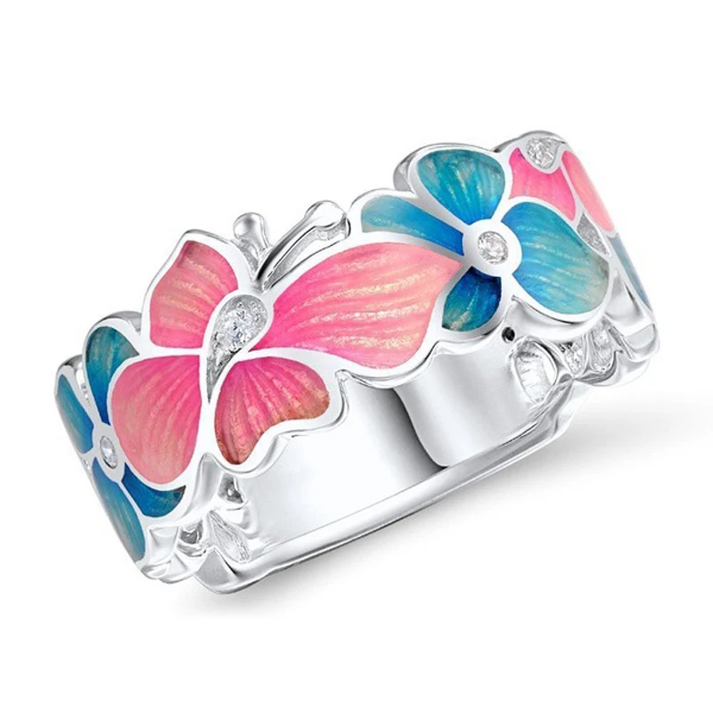 Модное кольцо с узором в виде цветов и бабочек, кольцо на палец розового и голубого цвета для женщин, свадебные, вечерние украшения, аксессуары в подарок