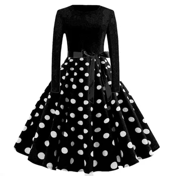 

Fashion Winter Women Dress 50S 60S Vintage Long Sleeve O Neck Dot Printing Party Prom Swing Dress Womens Elegant Party Dresses