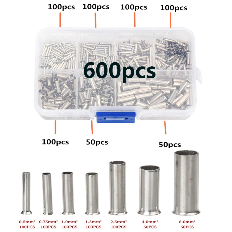 600Pcs 0.5mm2-6mm2 22-10 AWG Non-Insulated Wire Connector Ferrules Electrical Cable Terminal Copper Bare Tinned