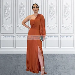 Burnt Orange Bridesmaid Dresses 2022 with One Pleat Long Sleeve Side Slit One Shoulder Formal Dresses vestido de fiesta de boda